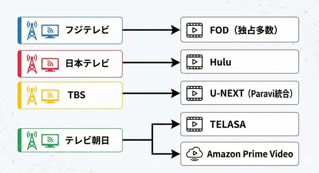 日本の放送局と動画配信サービスの対応関係図