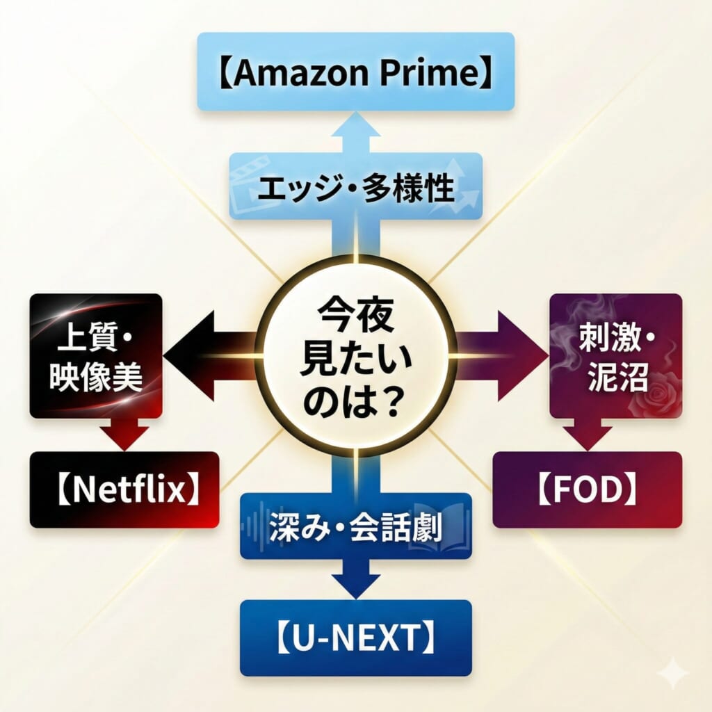 大人の女性向け動画配信サービス選びのフローチャート