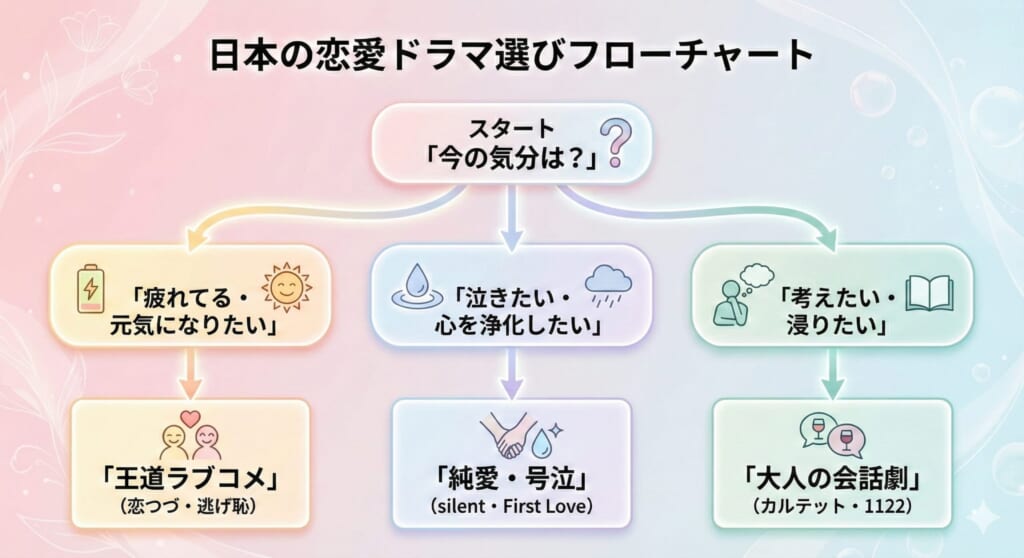 日本の恋愛ドラマ選びのフローチャート図