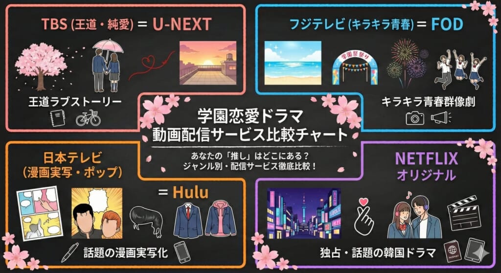 テレビ局と配信サービス、得意なジャンルをまとめた相関図