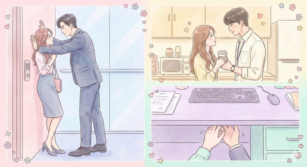 韓国ドラマのオフィスラブ胸キュンシーンのコラージュイラスト