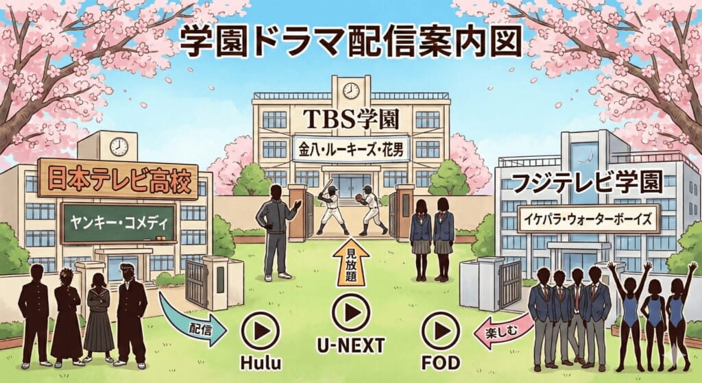 テレビ局(学校)と配信サービス、得意な学園ドラマのジャンルをまとめた相関図(カオスマップ)