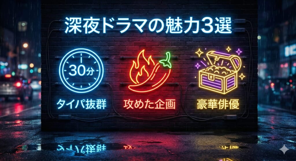 深夜ドラマの魅力3つをまとめた画像