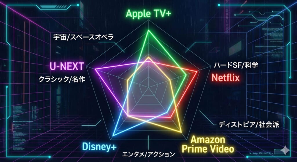 各配信サービスのSFジャンルにおける強みを視覚的に比較するチャート図