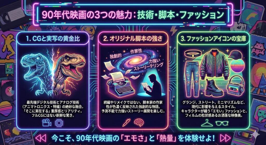 90年代映画の「3つの魅力（技術・脚本・ファッション）」を視覚的にまとめたインフォグラフィック画像