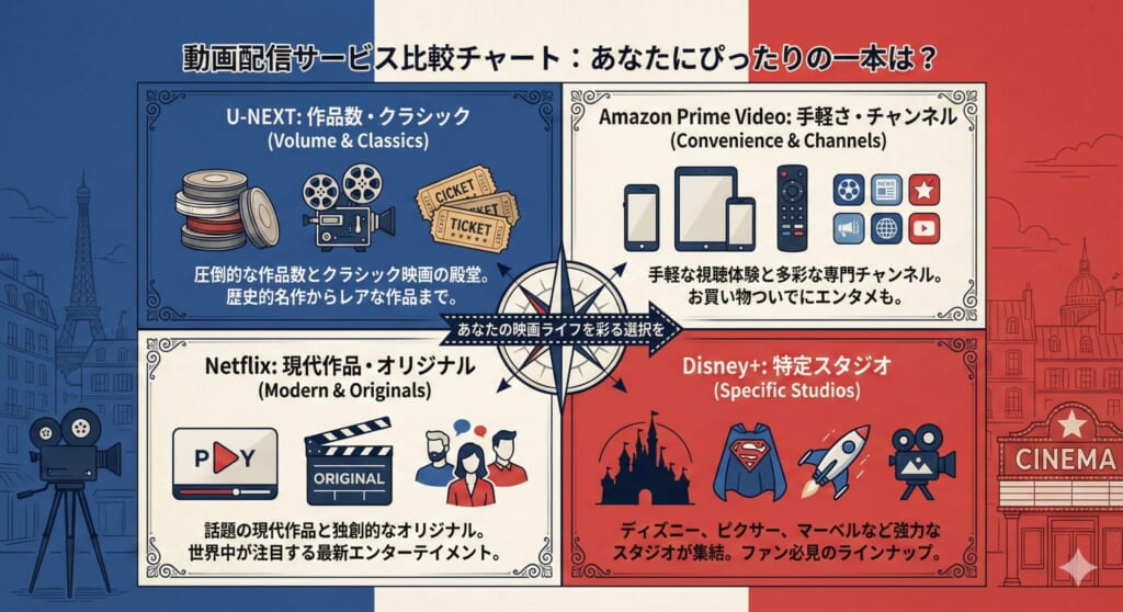 各動画配信サービスの「フランス映画への強み」を比較したチャート図